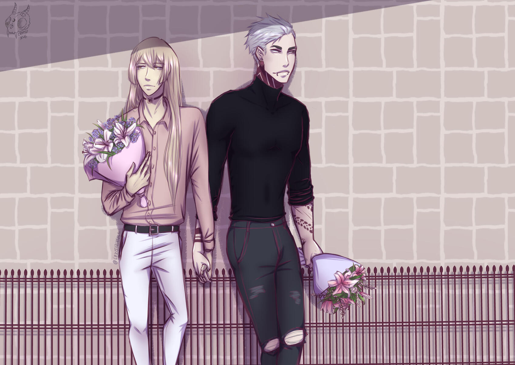 Ino and Nero holding hands and flower bouquets boba lovers