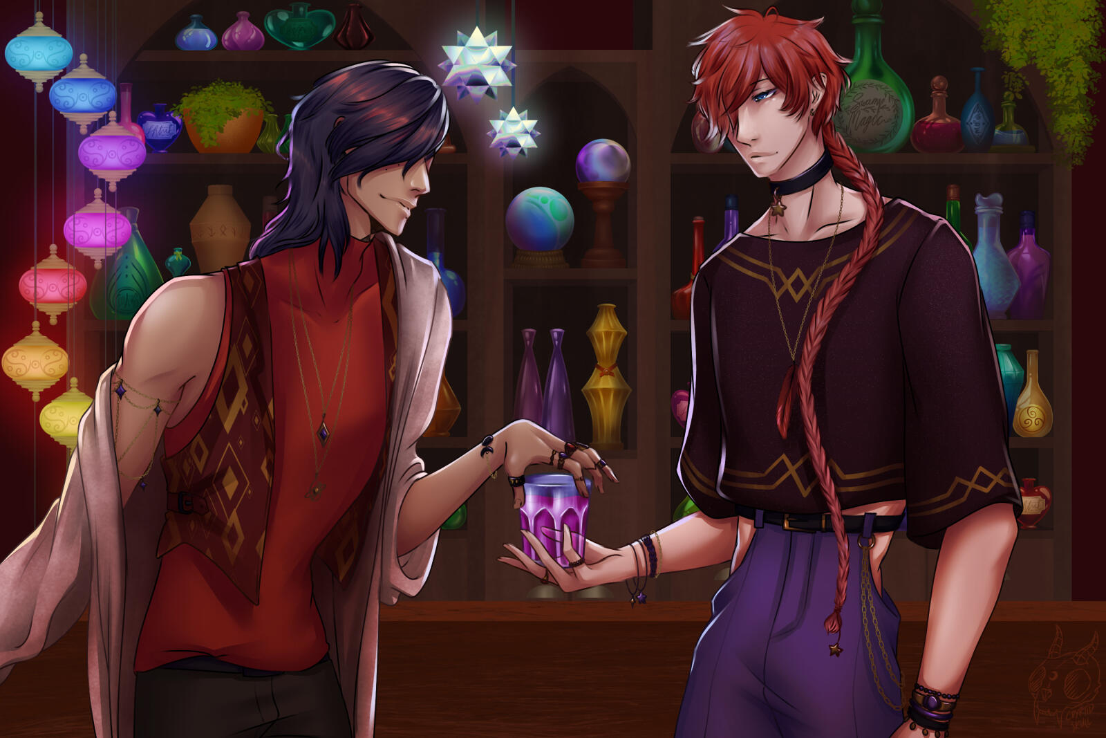 Lokaan and Tyrell at a bar gay men BL mages magical