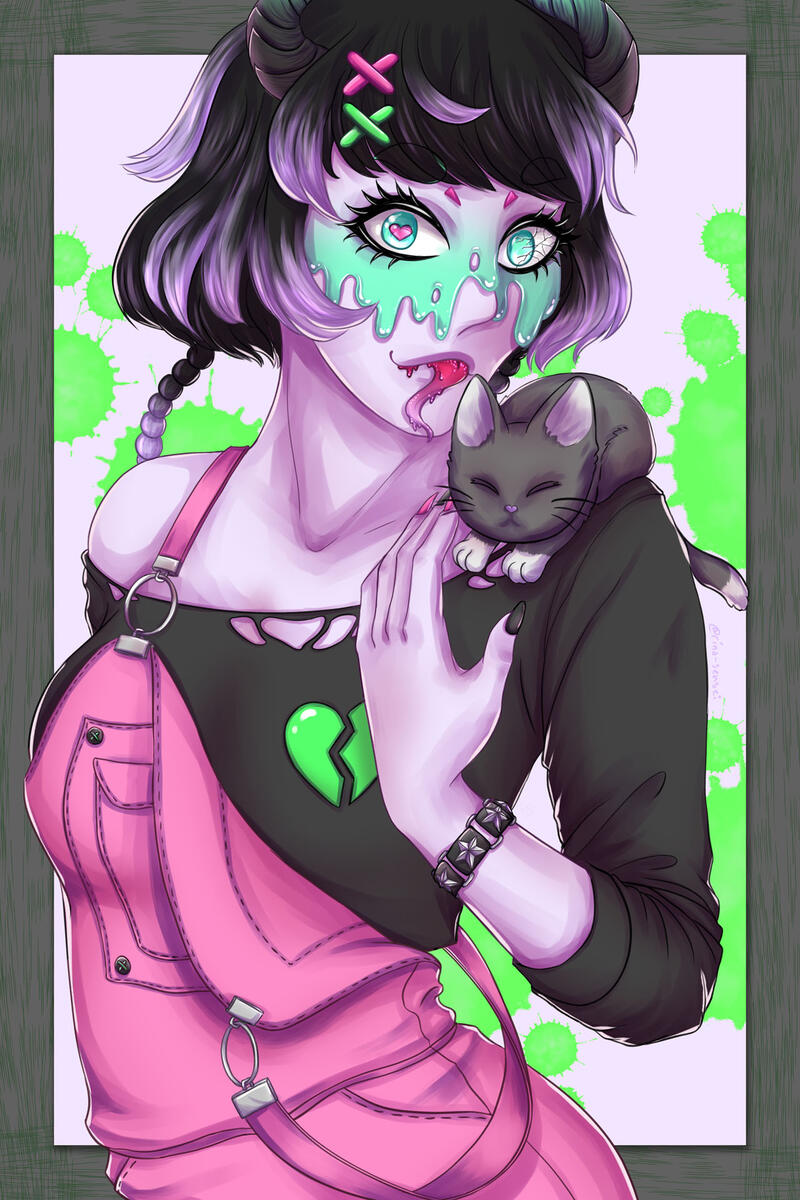 monster girl oc pastel pink green cat edgy slime cute kawaii